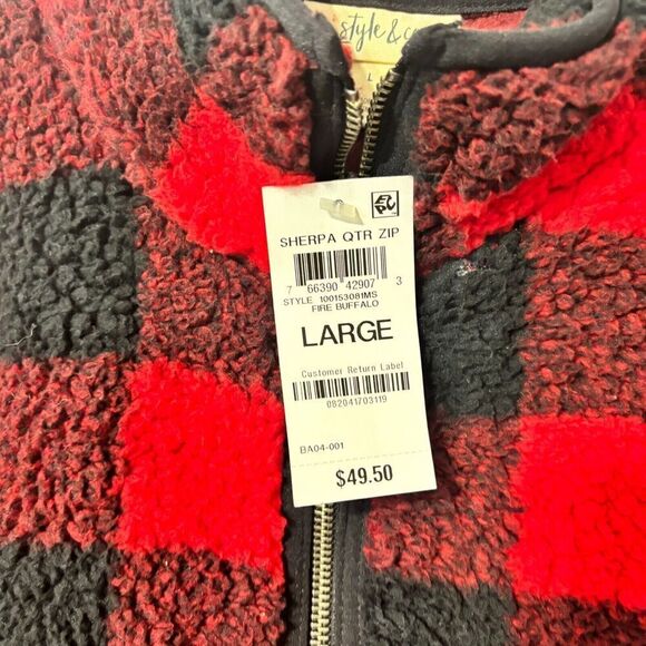 NWT Style & Co  Pullover Jacket Multicolor Large Plaid 1/4 Zip Long Sleeve Red - Picture 6 of 8